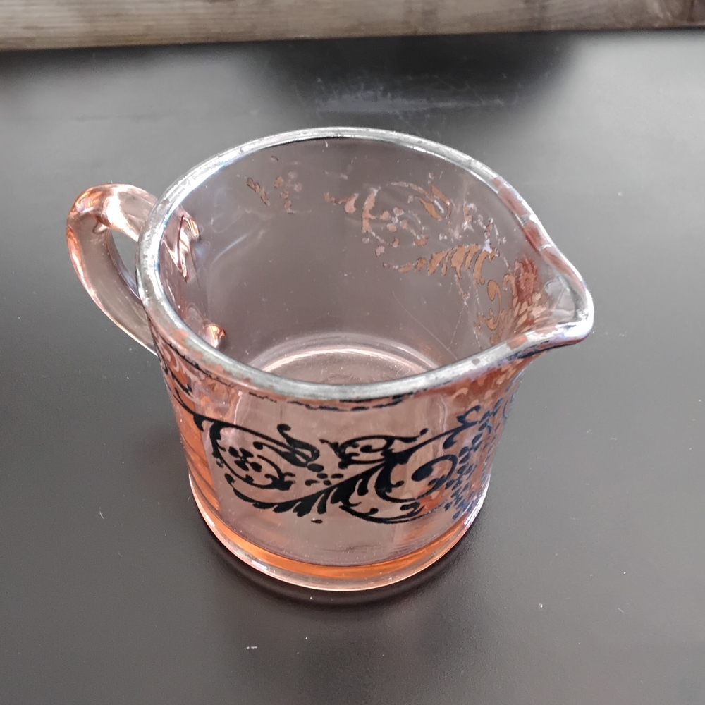 Vintage Pink Depression Glass Creamer and Sugar Set with Silver Overlay - Picture 6 of 8